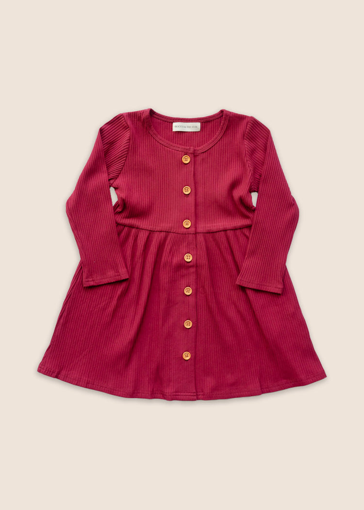 JOVIE Ribbed Button-Up Dress - Berry red girls dresses toddler christmas day outfit 2021 ribbed festive xmas day long winter dress