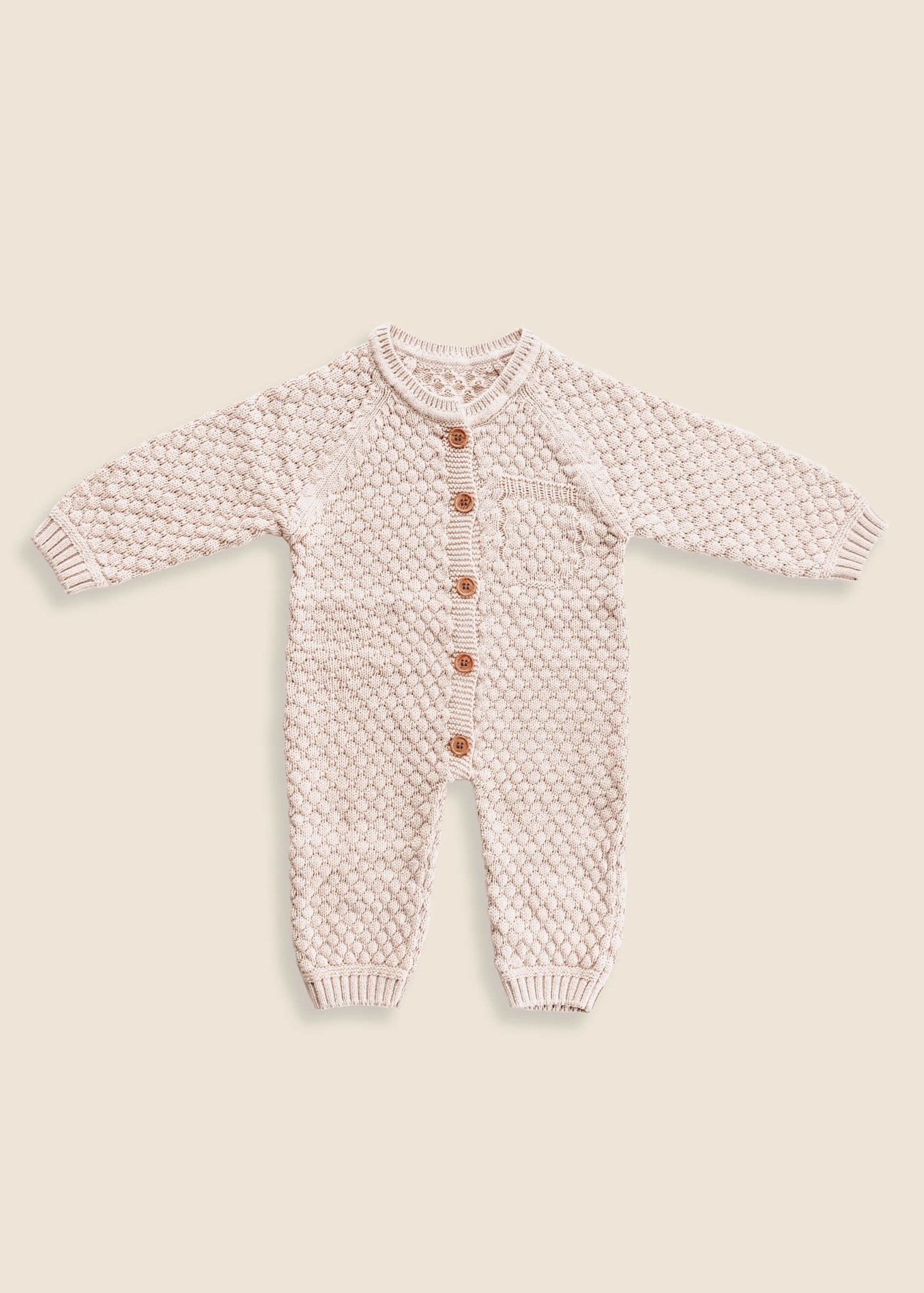 JUDE Knitted Button-Up Romper + Bonnet - Biscuit - Rocco & The Fox brown neutral baby toddler newborn knit romper and bonnet set matching beige neutral unisex gender neutral