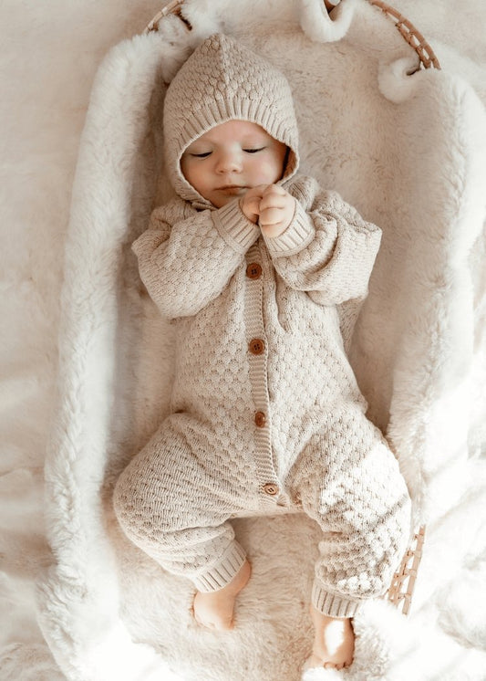 JUDE Knitted Button-Up Romper + Bonnet - Biscuit - Rocco & The Fox