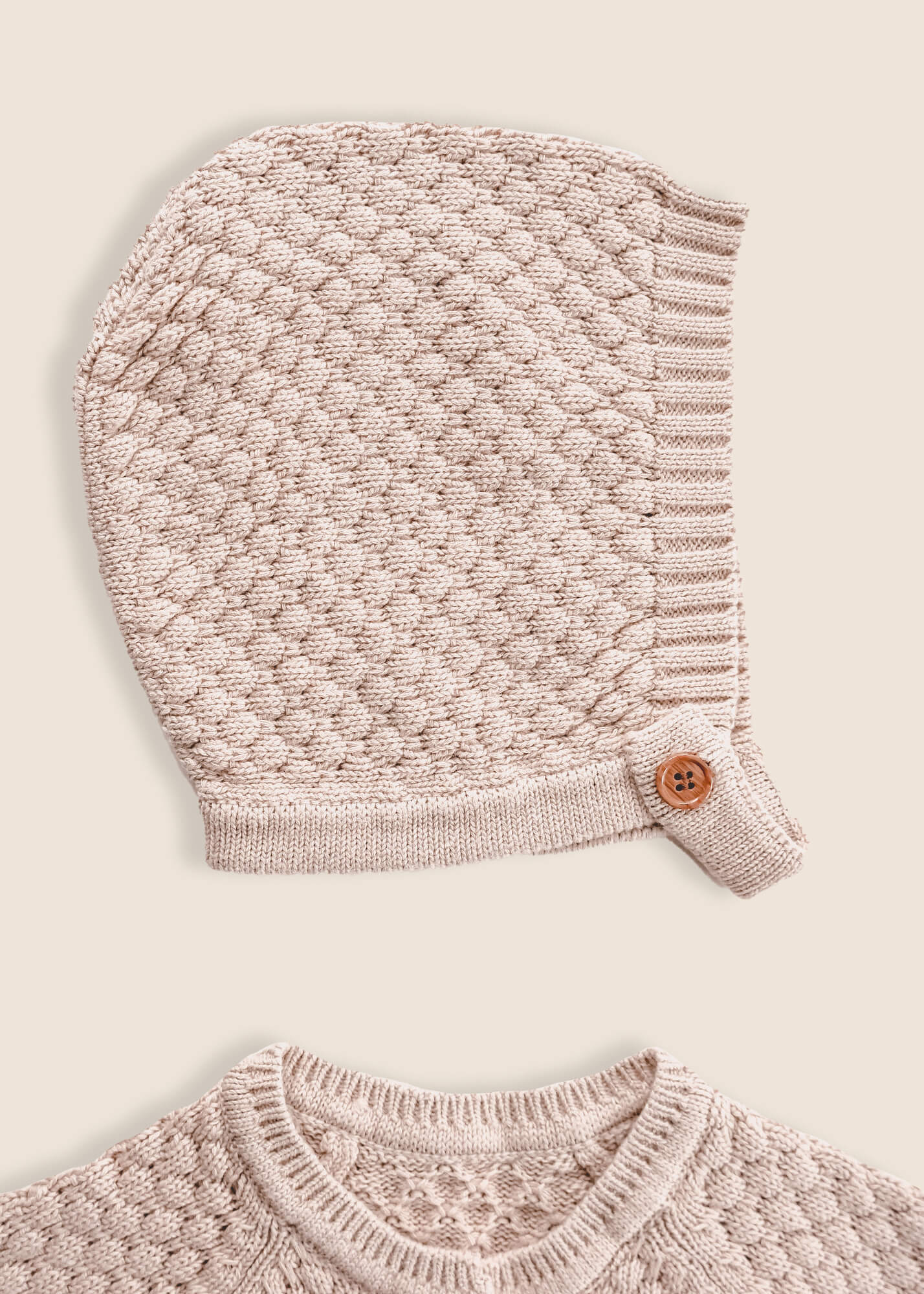 JUDE Knitted Button-Up Romper + Bonnet - Biscuit - Rocco & The Fox brown neutral baby toddler newborn knit romper and bonnet set matching beige neutral unisex gender neutral