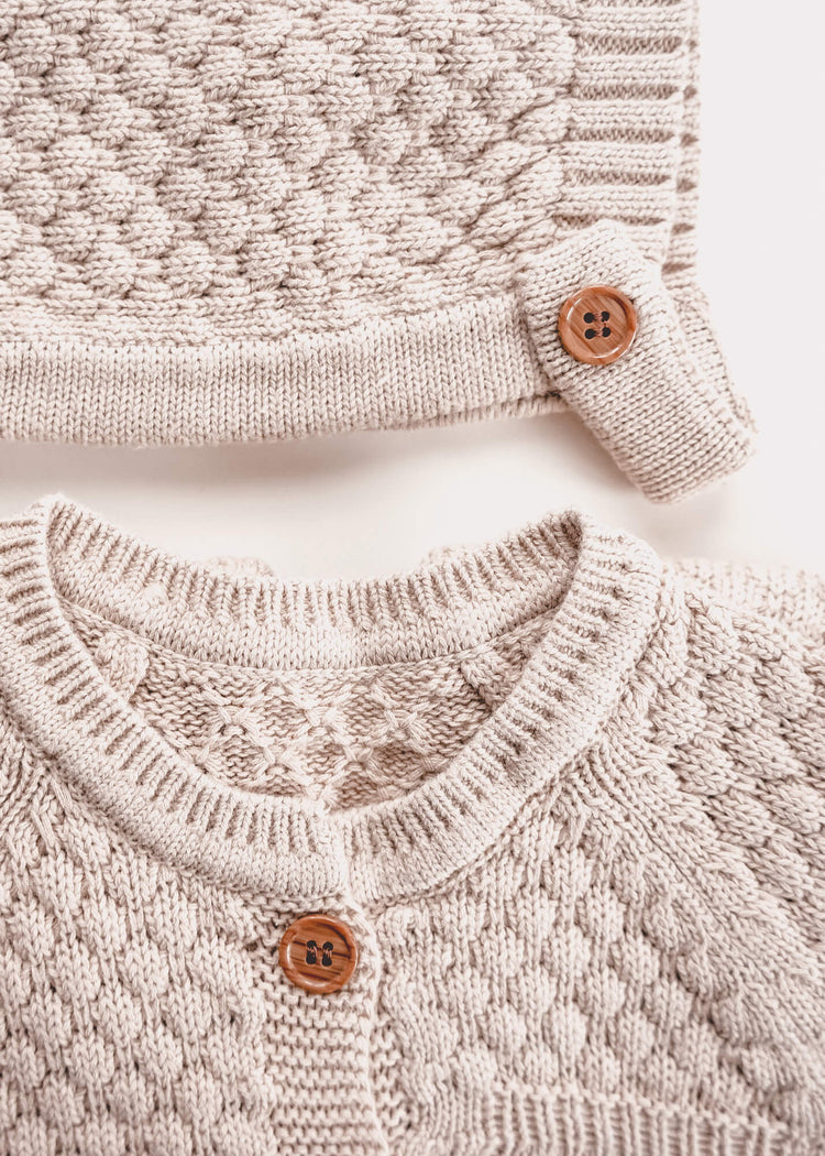 JUDE Knitted Button-Up Romper + Bonnet - Biscuit - Rocco & The Fox brown neutral baby toddler newborn knit romper and bonnet set matching beige neutral unisex gender neutral