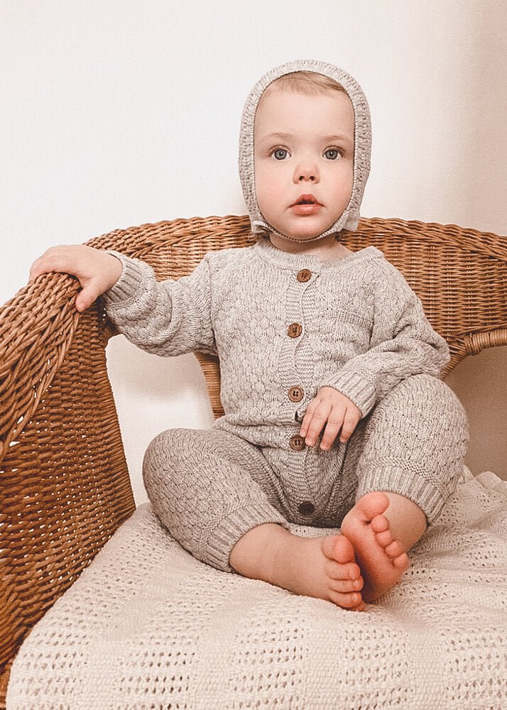 JUDE Knitted Button-Up Romper + Bonnet - Grey - Rocco & The Fox