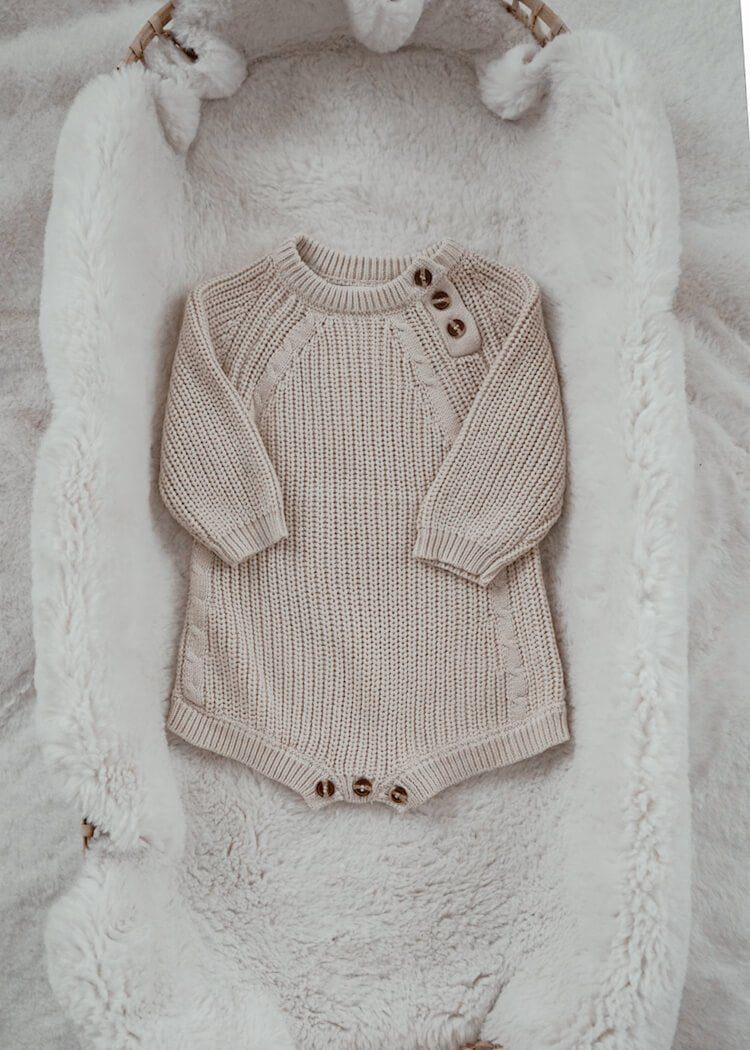 KIT Chunky Knit Romper - Rocco & The Fox newborn baby toddler boys girls unisex gender neutral knitted chunky knit romper beige style fashion