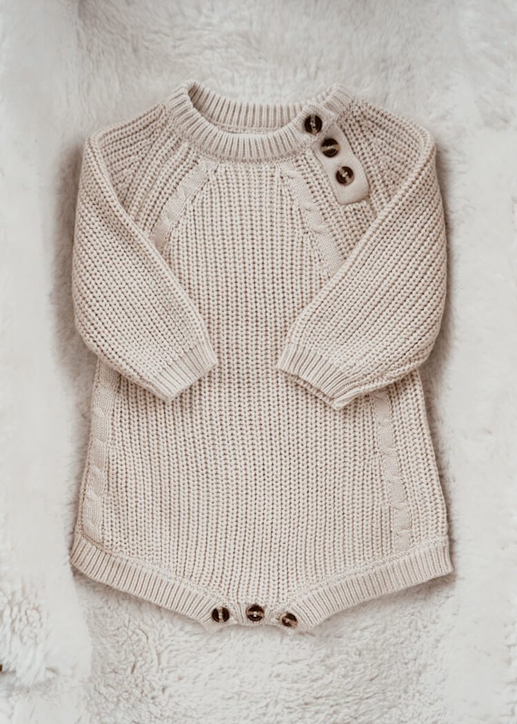 KIT Chunky Knit Romper - Rocco & The Fox newborn baby toddler boys girls unisex gender neutral knitted chunky knit romper beige style fashion