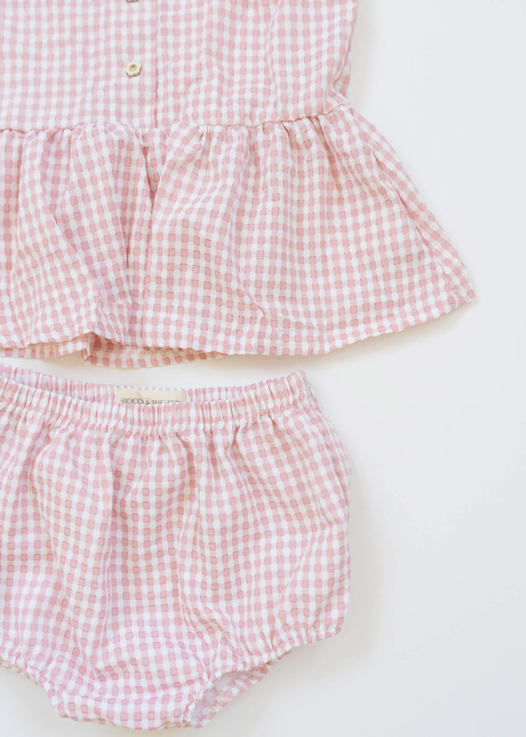 MEADOW Gingham Peplum Top + Bloomer Shorts Set - Pink - Rocco & The Fox