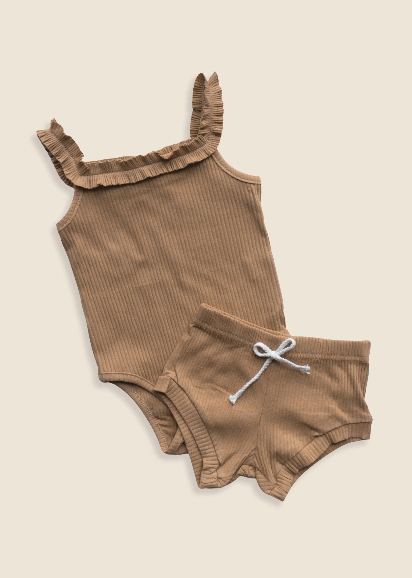 MILA Ribbed Frill Bodysuit + Shorts Set - Brown