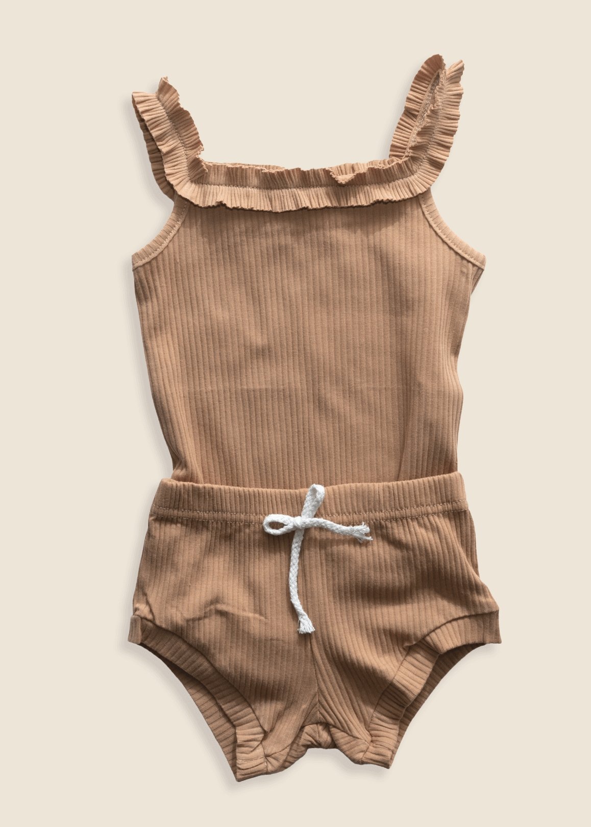 MILA Ribbed Frill Bodysuit + Shorts Set - Brown - Rocco & The Fox