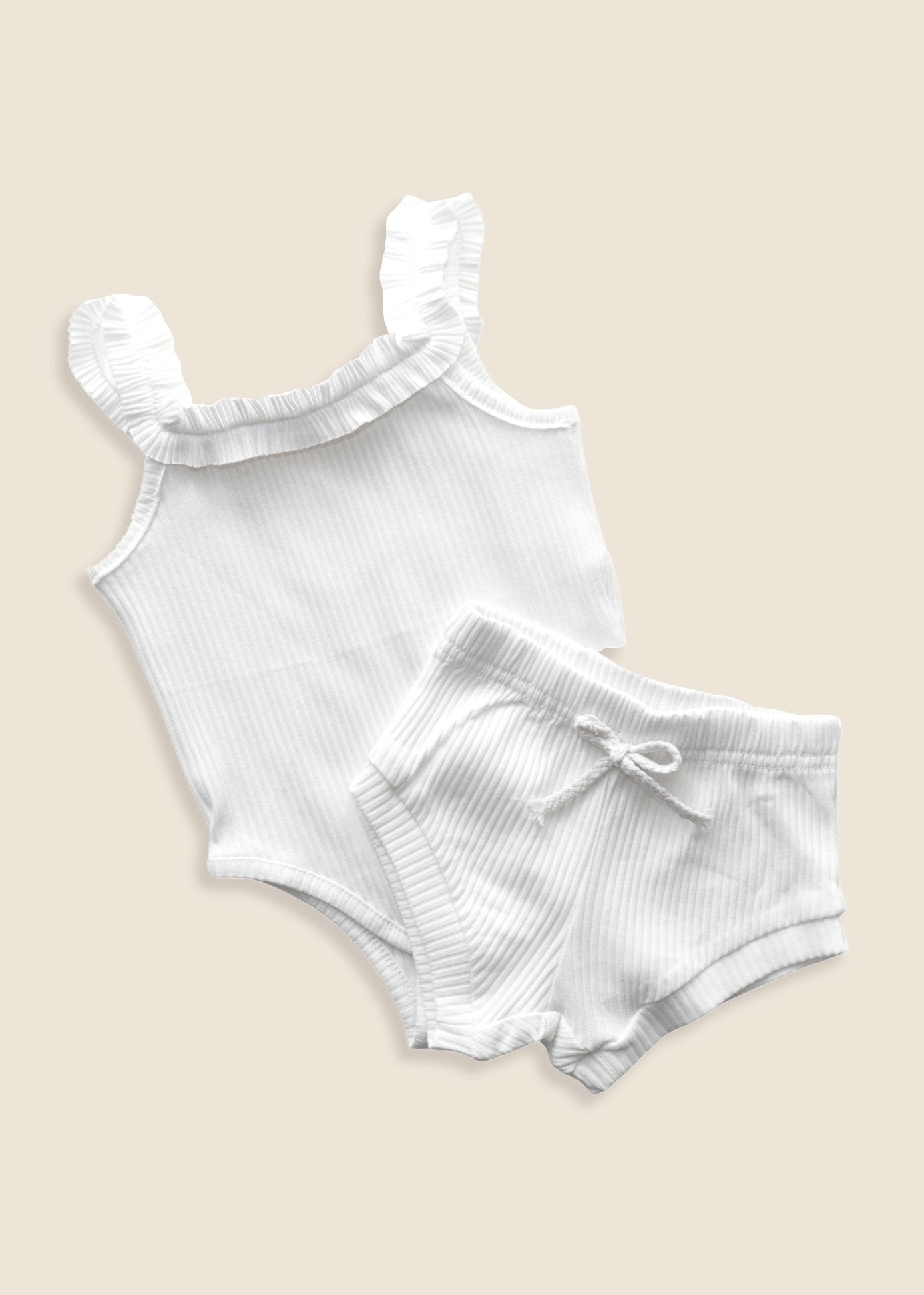 MILA Ribbed Frill Bodysuit + Shorts Set - White - Rocco & The Fox