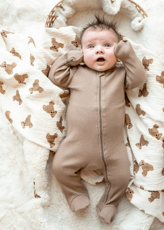 RIVER Ribbed Zip-Up Newborn Sleepsuit - Brown - Rocco & The Fox